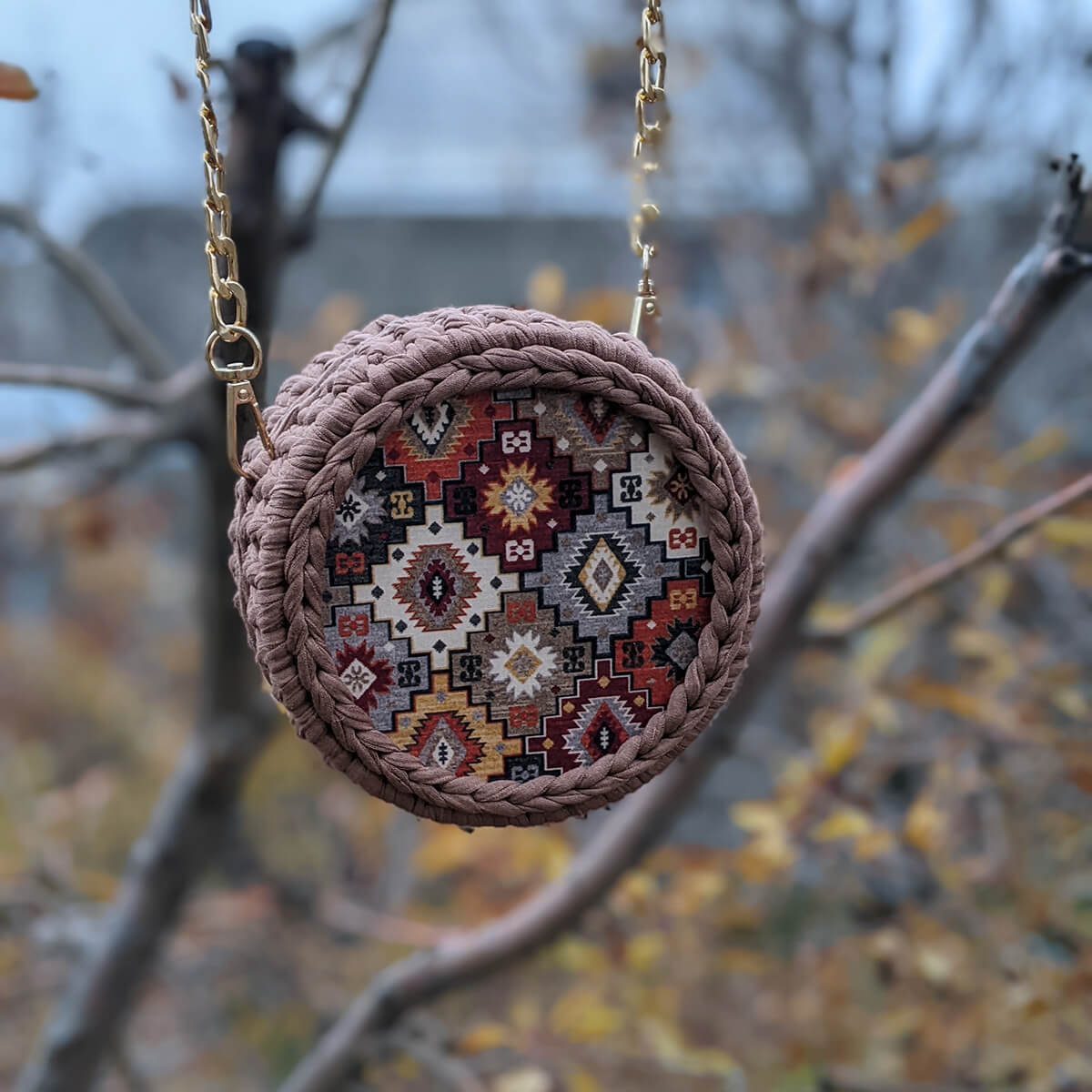 Crochet round bag armenian carpet